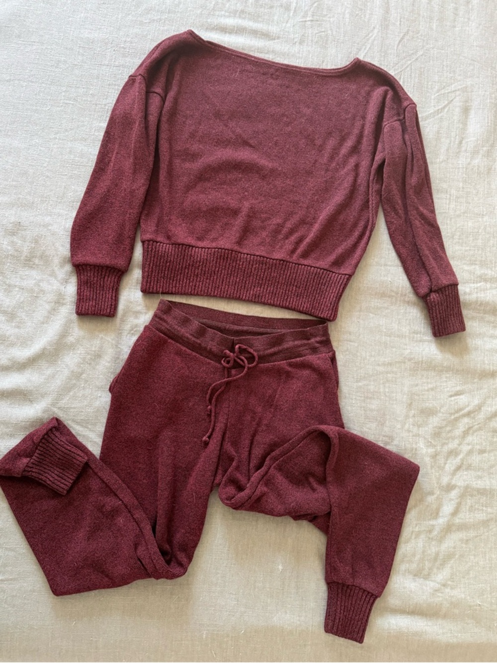 Cozy Ribbed Waist Knit Lounge Set in Burgundy